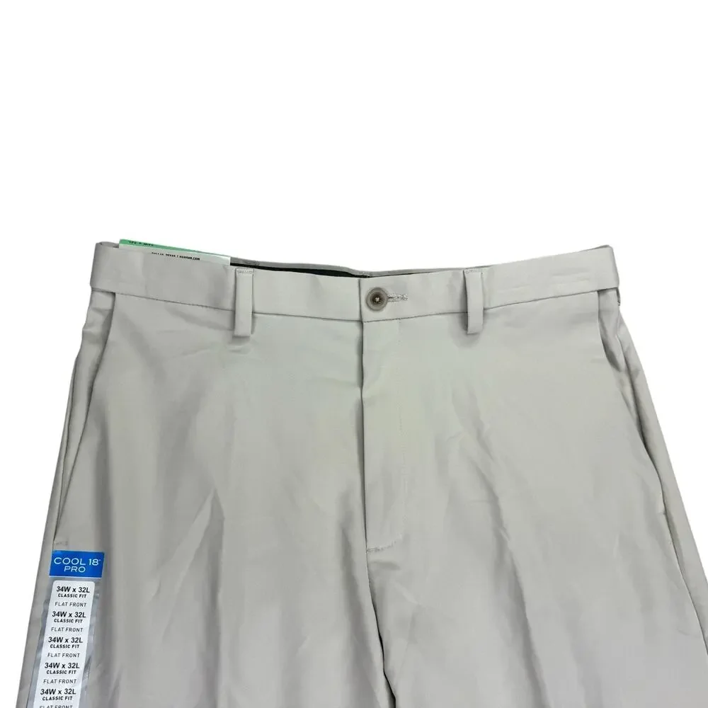 Haggar Mens Cool 18 Pro Classic Fit Flat Front Stretch Dress Pants Beige 34x32